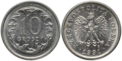 ПОЛЬША 10 ГРОШЕЙ 1991 MW KM 279 медно-никель 201-437