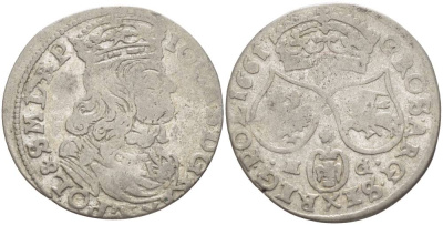 Польша 6 грошей (шостак) 1661 N-G, Ян II Казимир (1648-1668), вес 3,27 гр., легенда (IO CAS) KM 91, Kopinski 87.1 серебро 1517-934
