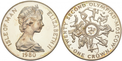 Остров Мэн 1 крона 1980 XXIII Олимпиада 1980 года в Москве, виды спорта KM 66a серебро PROOF 11-056-13