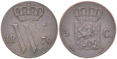 Нидерланды 1/2 цента 1870 Виллем III (1849-1890) KM 90 медь 4044-1333