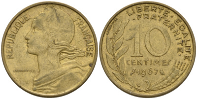 Франция 10 сантимов 1967 тип Marianne KM 929 алюминиевая бронза    4602-554