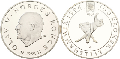 Норвегия 100 крон 1991 зимние Олимпийские игры 1994 года в Лиллехаммере, конькобежный спорт KM 434 серебро  PROOF  11-036-13