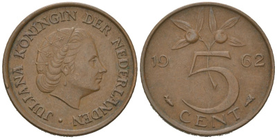 Нидерланды 5 центов 1962 Юлиана (1948-1980) KM 181 бронза 4618-358