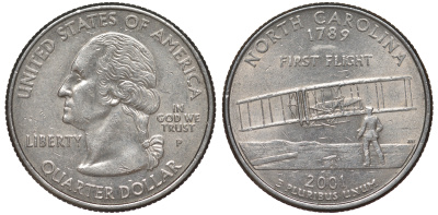 США 25 центов = квотер 2001 Р, серия штаты США, Северная Каролина KM 319 медь плакированная медно-никелем 4539-1044