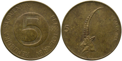 Словения 5 толаров 1994 KM 6 латунь 4548-916