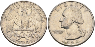 США 25 центов (квотер) 1994 D, Вашингтон KM A164a медь плакированная медно-никелем 4592-225