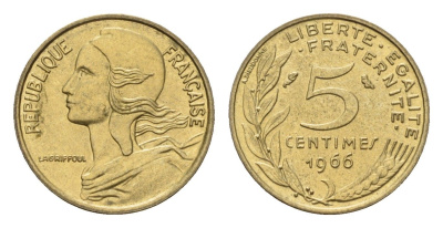 Франция 5 сантимов 1966 тип Marianne KM 933, Le Franc 125.2 алюминиевая бронза 4617-434