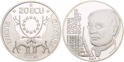 Финляндия 20 экю 1995 Йохан Людвиг Рунеберг серебро PROOF 1081-5-63