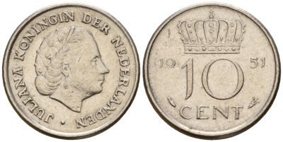 Нидерланды 10 центов 1951 Юлиана (1949-1980) KM 182 никель    4598-268