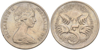 АВСТРАЛИЯ 5 ЦЕНТОВ 1975 ЕЛИЗАВЕТА II, МОЛОДОЙ ПОРТРЕТ, ЕХИДНА KM 64 медно-никель 4564-1156