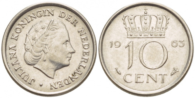 НИДЕРЛАНДЫ 10 ЦЕНТОВ 1963 ЮЛИАНА KM 182 никель 4547-835