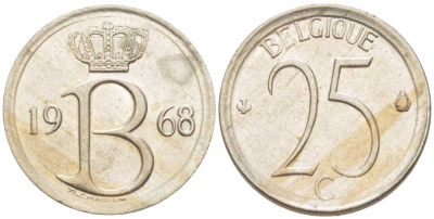 Бельгия 25 сантимов 1968 Belgique, Бодуэн I (1951-1993) KM 153.1 медно-никель 201-1264