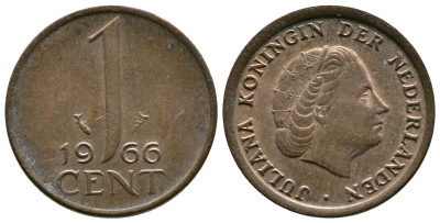 НИДЕРЛАНДЫ 1 ЦЕНТ 1966 ЮЛИАНА KM 180 бронза 75-1647