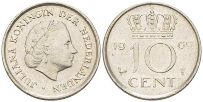 Нидерланды 10 центов 1969 Юлиана (1948-1980) KM 182 никель 214-1236