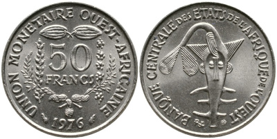 ВАЛЮТНЫЙ СОЮЗ СТРАН ЗАПАДНОЙ АФРИКИ 50 ФРАНКОВ 1976 FAO, ФЕДЕРАЦИЯ KM 6 медно-никель UNC 4538-257
