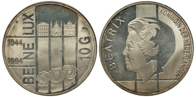 Нидерланды 10 гульденов 1994 50 лет Бе-Ни-Люкс, три здания парламентов KM 216 серебро PROOF 413-3633