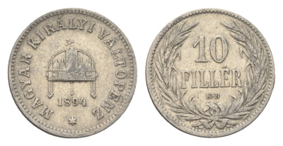 Венгрия 10 филлеров 1894 KB, Франц Иосиф I (1848-1916) KM 482 никель 4665-716