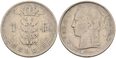 Бельгия 1 франк 1952 Belgie, Бодуэн I (1951-1993) KM 143.1 медно-никель 4395-612