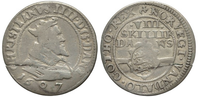 Дания 8 скиллингов 1607 Кристиан IV (1588-1648) KM 32, Hede 93 A, Sieg 54.1 серебро 00-801-14