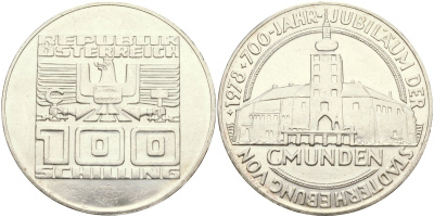 Австрия 100 шиллингов 1978 700 лет городу Гмунден KM 2938 серебро UNC 02-118-41
