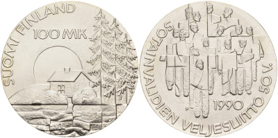 Финляндия 100 марок 1990 50 лет ассоциации ветеранов войны KM 67 серебро UNC 1525-1343