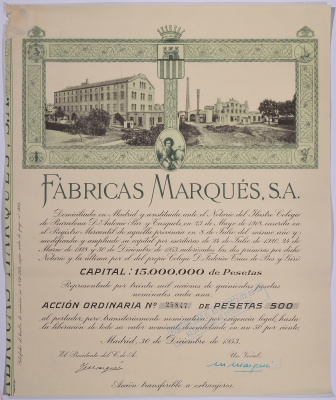ИСПАНИЯ АЦИЯ НА 500 ПЕСЕТ 1953 FABRICAS MARQUES S.A., МАДРИД 1953 бумага 5544-3