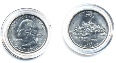 США 25 центов = квотер 1999 Р, серия штаты США, Нью-Джерси KM 295 медь плакированная медно-никелемь UNC 61-645