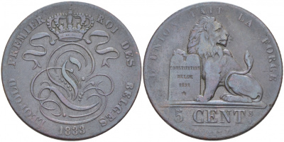 Бельгия 5 сантимов 1833 BELGES KM 5.1 медь 4127-243
