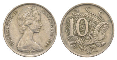 Австралия 10 центов 1966 Елизавета II (1952-2022), птица лирахвост KM 65 медно-никель 4364-3212