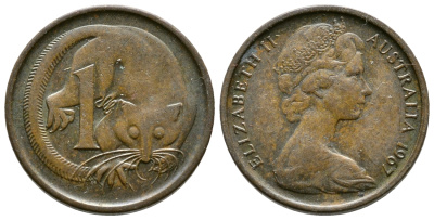 Австралия 1 цент 1967 Елизавета II (1953-), молодой портрет, опоссум КМ 62 бронза 220-423