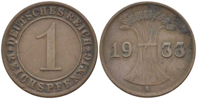 ГЕРМАНИЯ 1 РЕЙХСПФЕННИГ 1933 A KM 37, J. 313, Weege 2 бронза 211-123