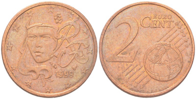 Франция 2 евроцента 1999 KM 1283 сталь плакированная медью 4614-716