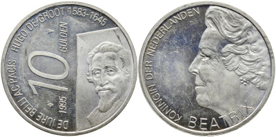 Нидерланды 10 гульденов 1995 300 лет со дня смерти Хьюго Грута, королева Беатрикс KM 220 серебро 441-1414