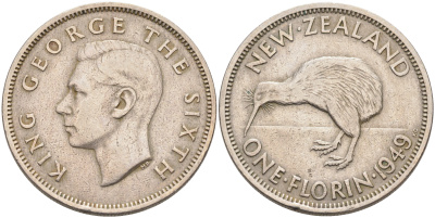 Новая Зеландия 1 флорин 1949 Георг VI (1937-1952), птичка киви KM 18 медно-никель 4590-521