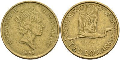 Новая Зеландия 2 доллара 1990 Елизавета II (1952-2022), большая белая цапля KM 79 алюминиевая бронза 59-111