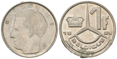 Бельгия 1 франк 1989 Belgique, Бодуэн I (1951-1993) KM 170 железо плакированное никелем aUNC 4618-126