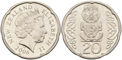 Новая Зеландия 20 центов 2006 Елизавета II (1952-2022), идол Пукаки KM 118а никелированная сталь 4579-1135