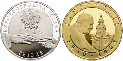 Польша 10 злотых 2005 MW, Иоанн Павел II, руки, позолота KM 526 серебро PROOF 11-119-32