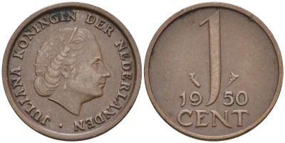 Нидерланды 1 цент 1950 Юлиана (1948-1980) КМ 180 бронза    4174-538