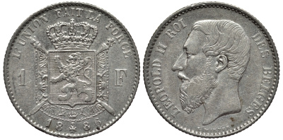 БЕЛЬГИЯ 1 ФРАНК 1886 ЛЕОПОЛЬД II (1865-1909), BELGES, РАЗНОВИДНОСТЬ БЕЗ ТОЧКИ В ПОДПИСИ KM 28.2 серебро 443-942