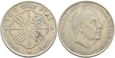 Испания 100 песет 1966 (66) Франсиско Франко (1939-1975) KM 797 серебро 118-113