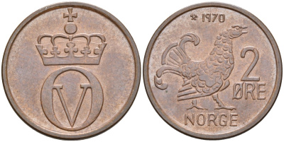 Норвегия 2 эре 1970 глухарь, Улаф V (1958-1991) KM 410 бронза UNC 4582-534