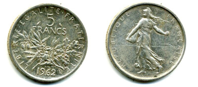 Франция 5 франков 1962 сеятель KM 926, LE FRANC 340.6 серебро 37-932