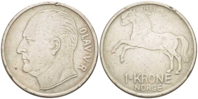 НОРВЕГИЯ 1 КРОНА 1961 ЛОШАДЬ, УЛАФ V (1957-1991) KM 409 медно-никель 213-715
