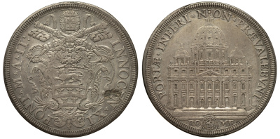 Ватикан 1 пиастр A II (1677/1678) Иннокентий XI, собор Святого Петра Dav. 4088, Muntoni 39 серебро 10-005-39