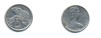 Новая Зеландия 5 ЦЕНТОВ 1982 ТУАТАРА, ТРЕХГЛАЗАЯ ЯЩЕРИЦА ОТРЯДА КЛЮВОГОЛОВЫХ, ЕЛИЗАВЕТА II KM 34.1 медно-никель 23-1441