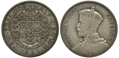 Новая Зеландия 1/2 кроны 1933 Георг V (1910-1936) KM 5 серебро 272-712