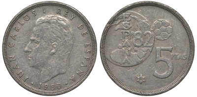 Испания 5 песет 1980 (80) чемпионат мира по футболу KM 817 медно-никель 4128-1025