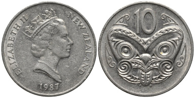 Новая Зеландия 10 центов 1987 Елизавета II (1952-2022), маска маори KM 61 медно-никель 4579-953