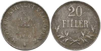 Венгрия 20 филлеров 1920 КВ, Карл I (1916-1918), редкий год KM 498 железо 4151-1027